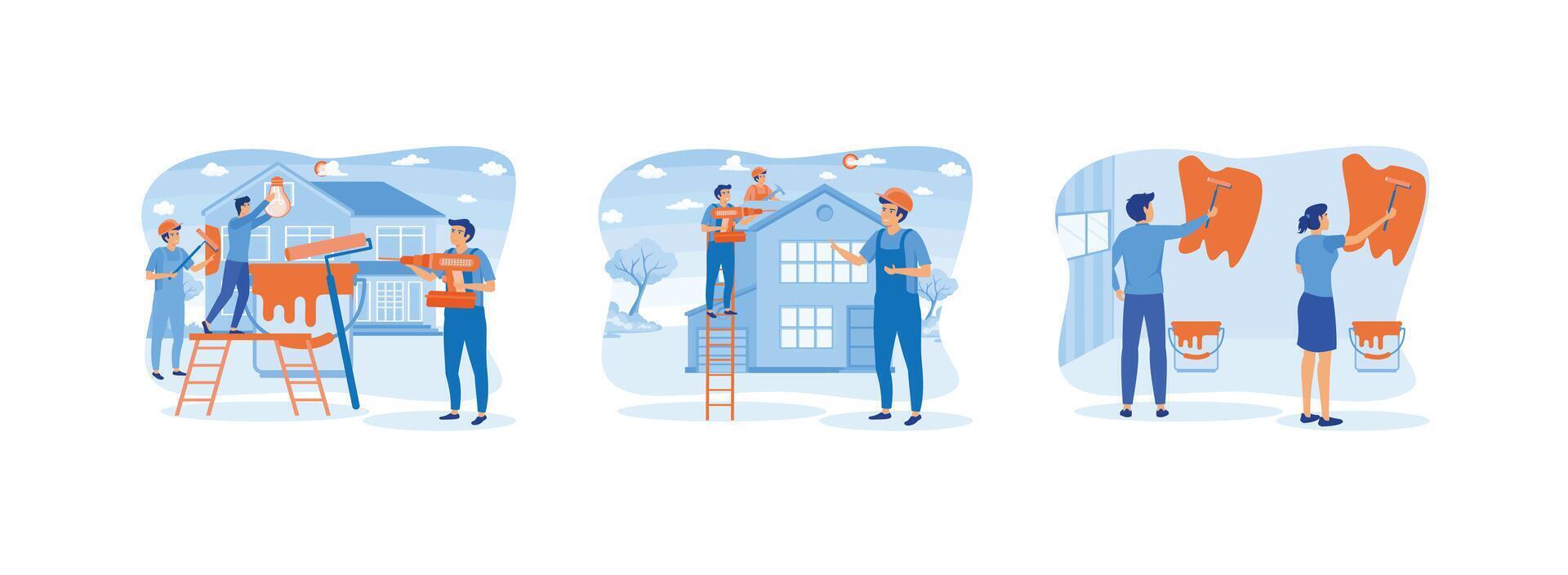 Home renovation workers. Workers repairing roof.  Painting wall in new apartment. Home renovation set flat vector modern illustration