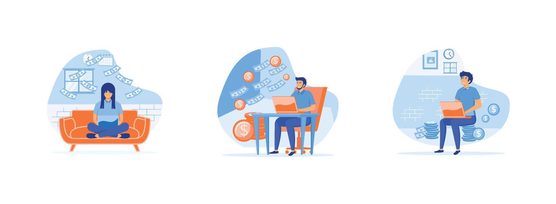 earning money from couch at home, Man working with computer making money from home, makes money online from freelance work. Earning money set flat vector modern illustration