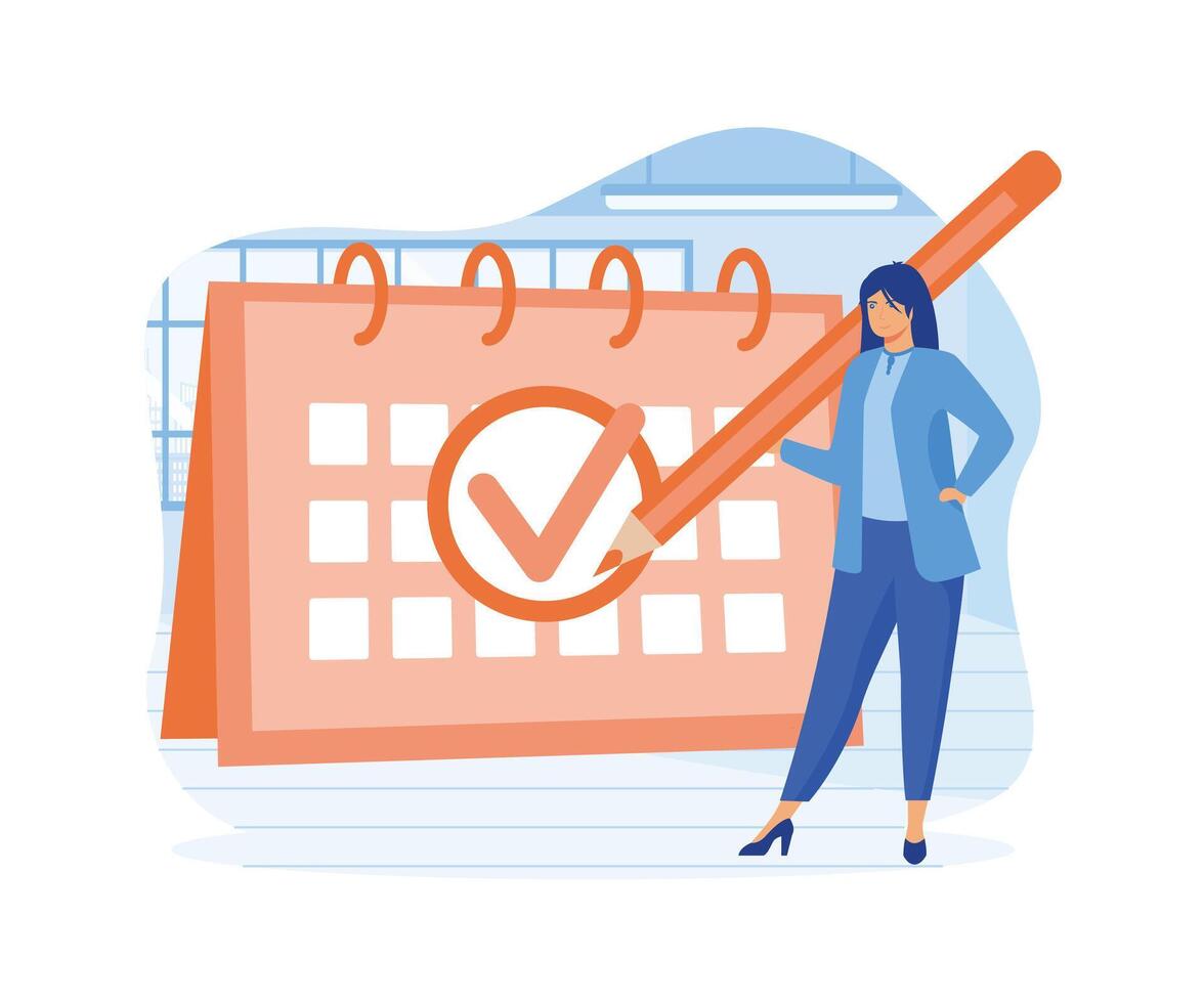 Done job concept. Beautiful business woman stands near big schedule with huge check mark on it and holds big marker on her shoulder.  flat vector modern illustration