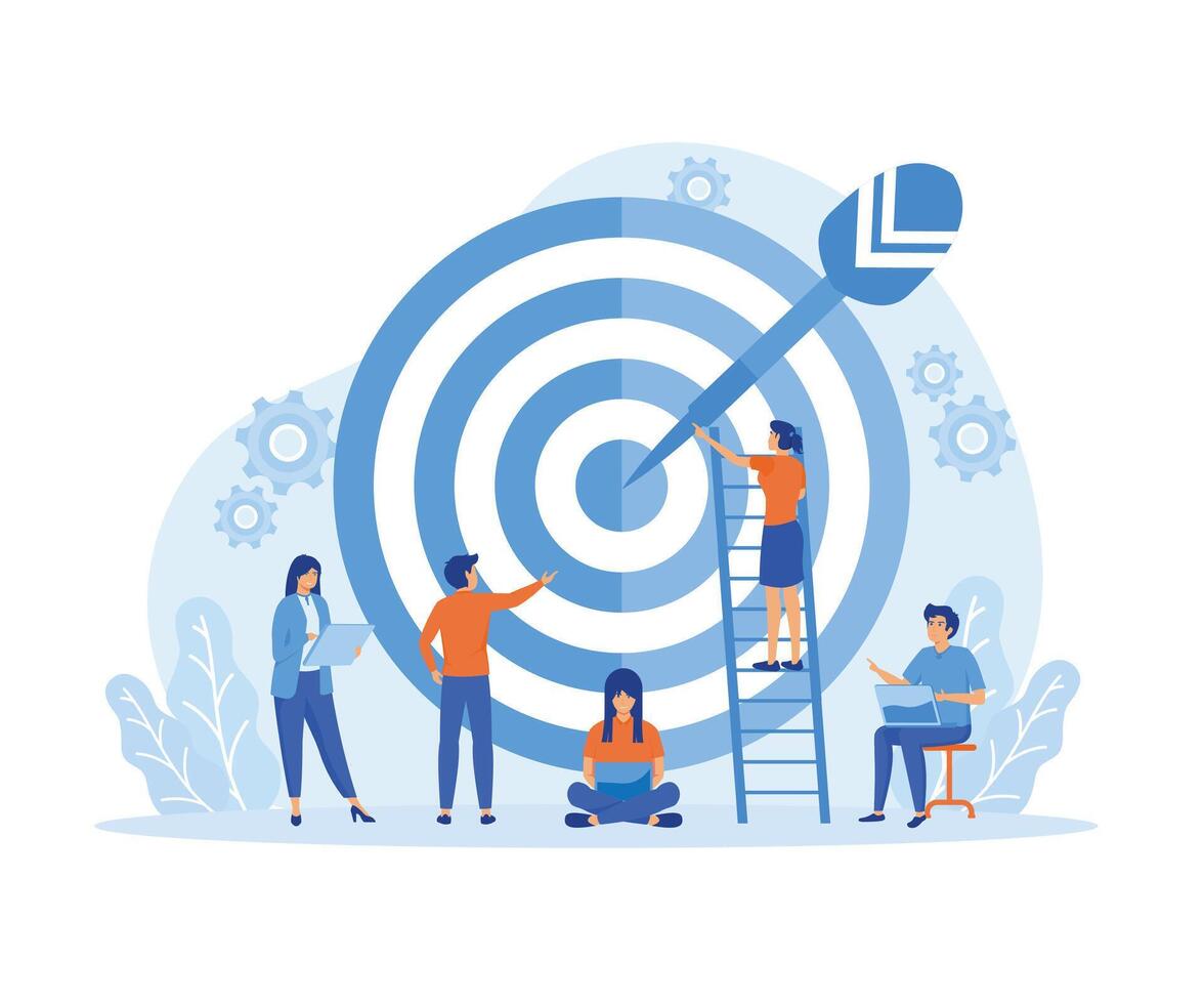 Businessmen working and woman at big target with arrow. Internal marketing, company goals promotion, employee engagement concept.  flat vector modern illustration