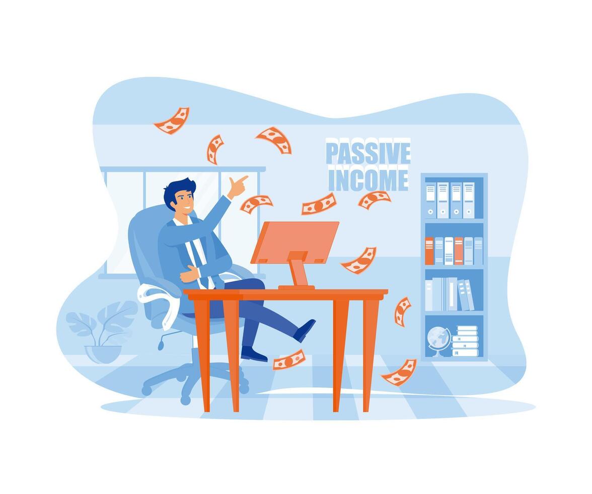 Passive income, Man relaxing in front of computer while money rains down, Financial freedom. flat vector modern illustration