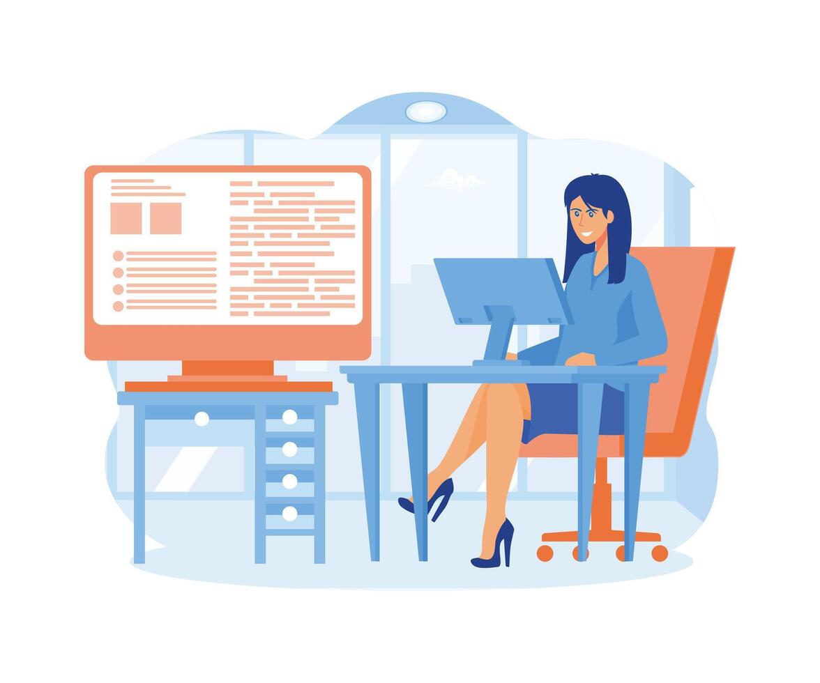 Young beautiful girl programmer behind a laptop and a computer writes a code.  flat vector modern illustration