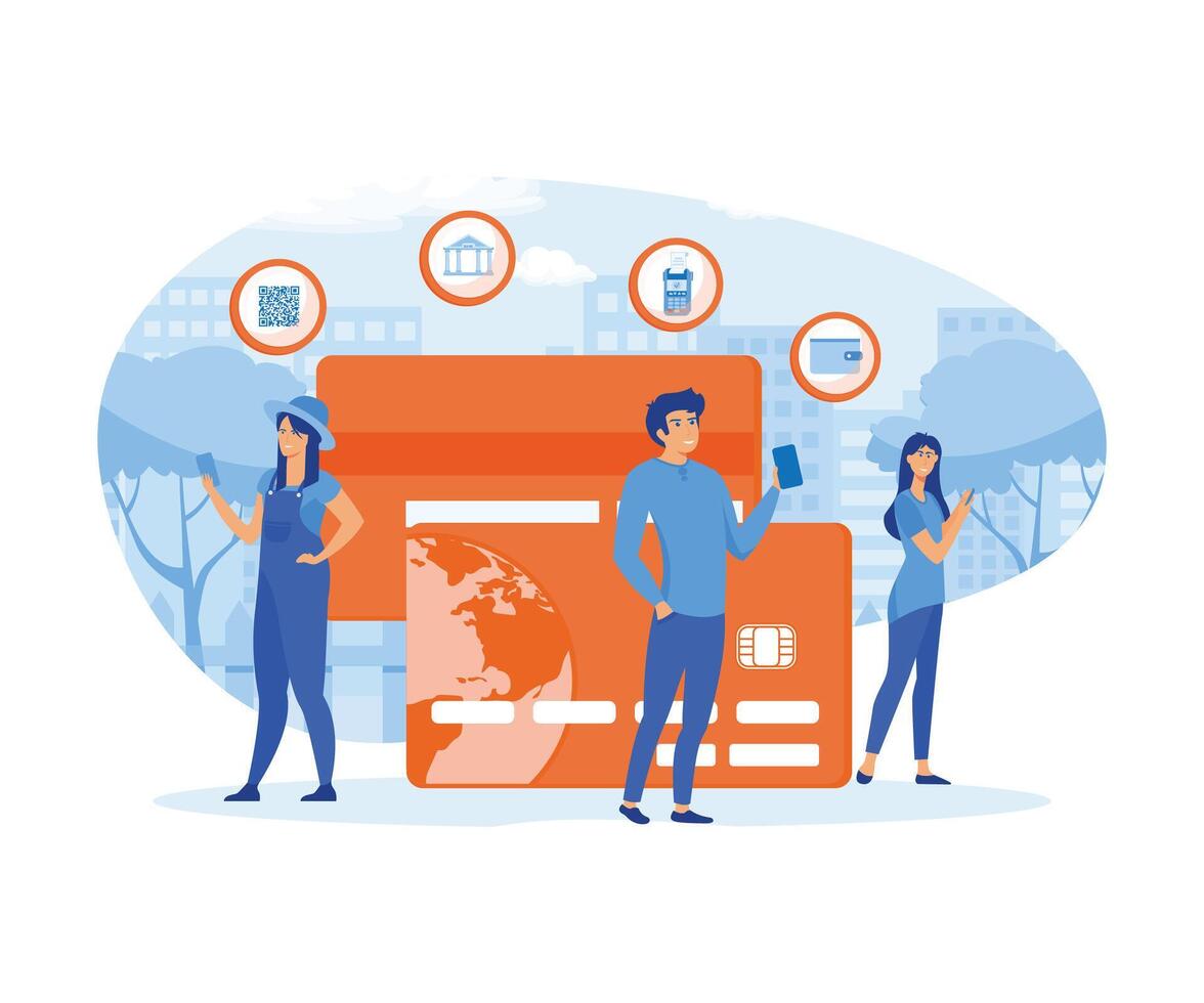 Mobile banking concept. People standing near credit cards and using mobile smart phone for online banking and accounting. flat vector modern illustration
