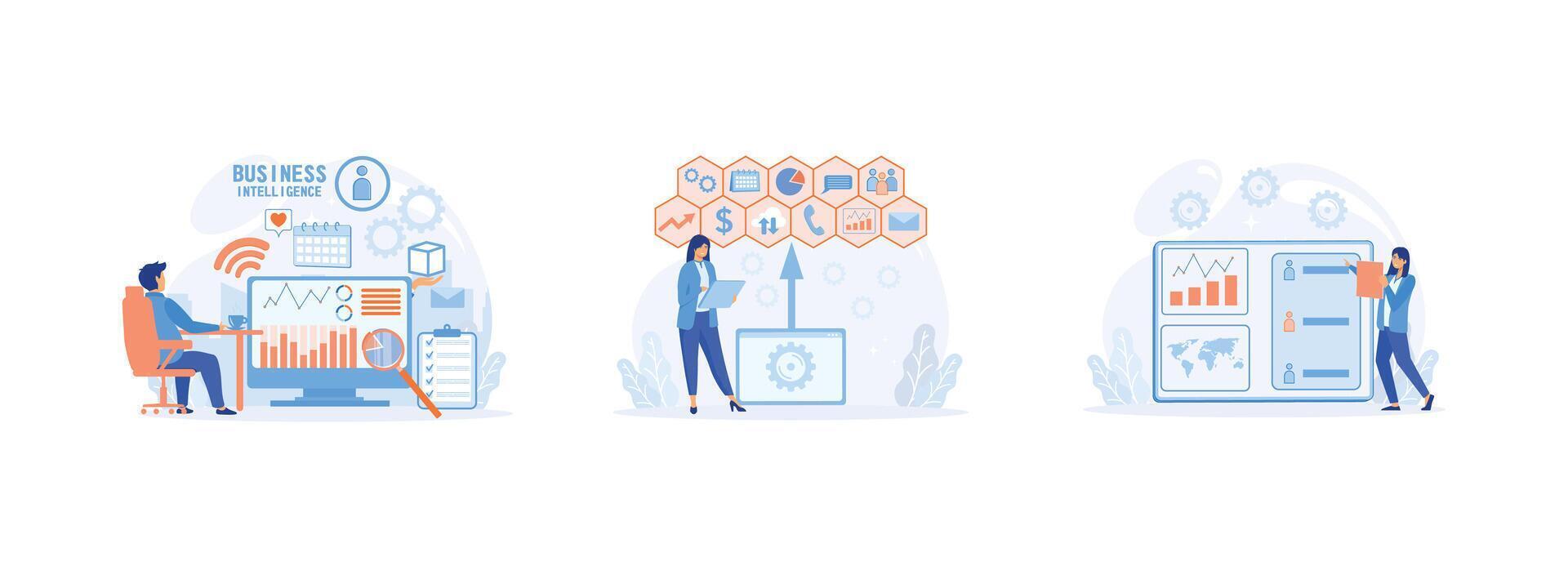 Business intelligence concept as background with various symbols, Performance tools and software, Business intelligence, intelligence dashboard, innovative solution. vector