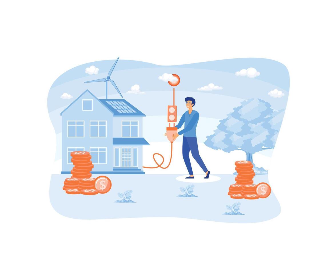 Little man connects a cable to a socket leading from the sun to a charging generator with solar panels on the roof of the house. flat vector modern illustration