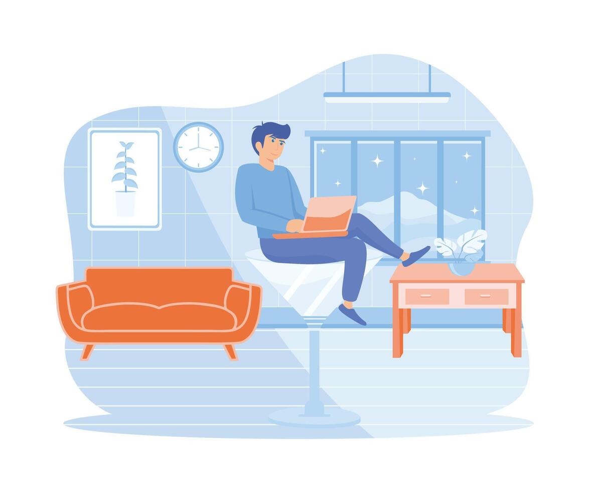 Work anywhere anytime. Businessman relax working remotely with computer laptop in cocktail glass at night. flat vector modern illustration