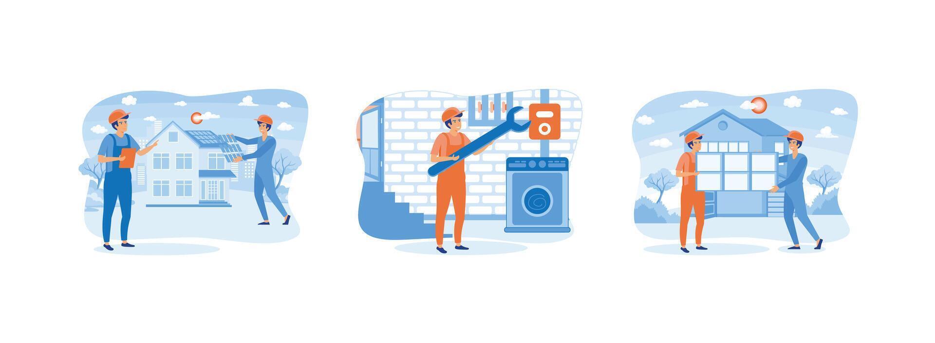 House renovation rooftop. Replacement and installation of windows and doors. Basement services. Home maintenance 2 set flat vector modern illustration