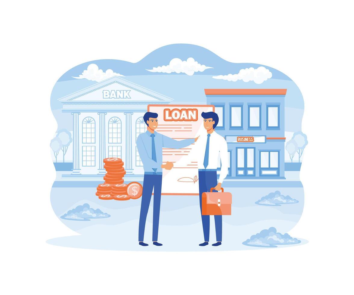 Business loan concept. Businessman borrowing or owing money in the bank to improve his business. flat vector modern illustration