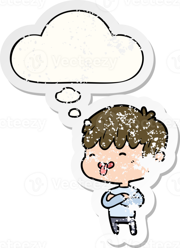 cartoon boy sticking out tongue and thought bubble as a distressed worn sticker png