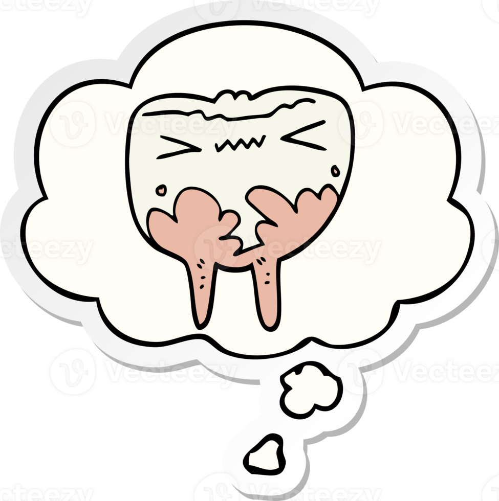 cartoon bad tooth and thought bubble as a printed sticker png