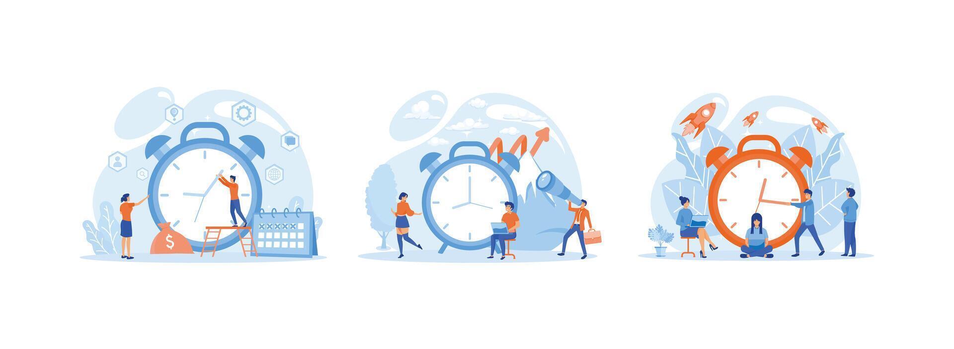 Businessman Talks Time Management Business Strategy, Time Management Discipline Concept, Projects and deadlines. The Management set flat vector modern illustration