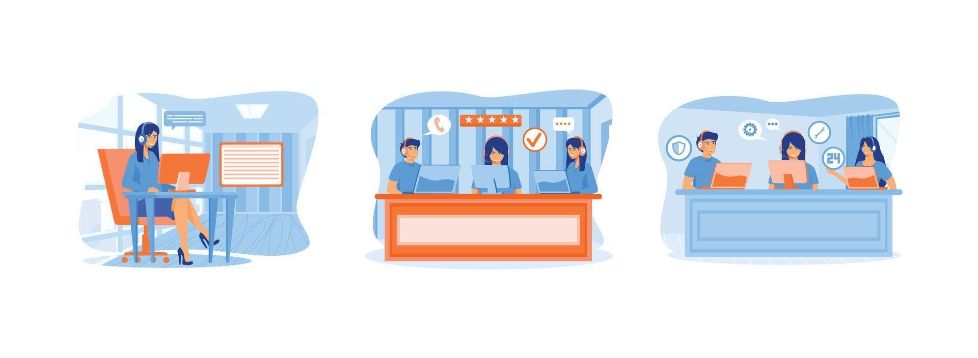Customer service, hotline operators advise customers, customer support department staff, consulting with customer with headset on computer. Hotline operator set flat vector modern illustration