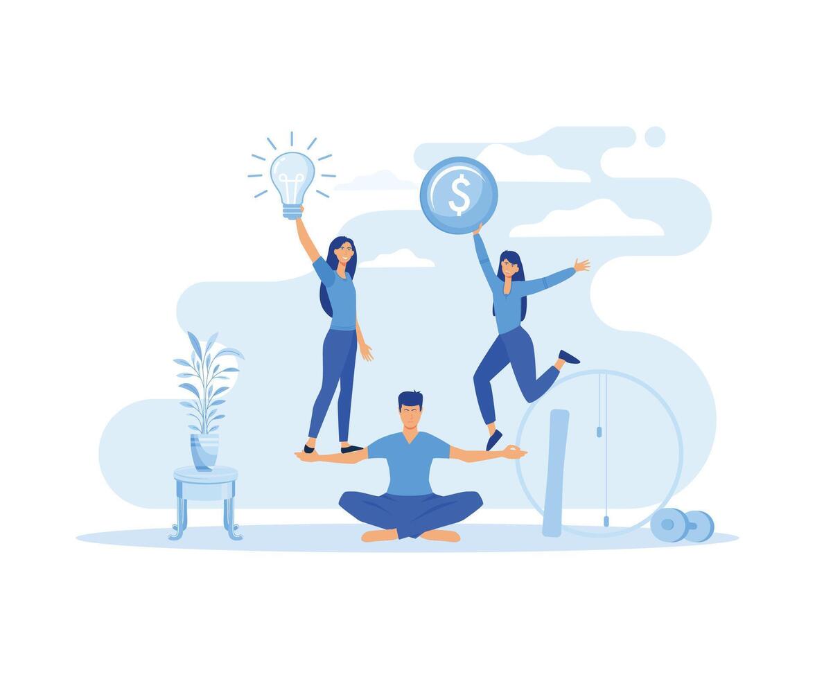 trabajo en equipo y corporativo ocio y yoga cursos bueno equilibrar Entre idea, hora y trabajar. creativo metáfora hora es dinero. plano vector moderno ilustración