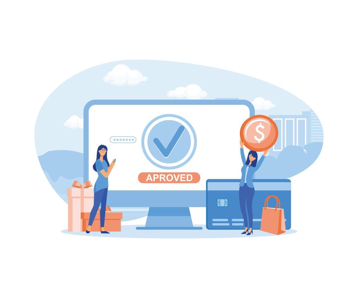 People paying successfully and safely. Online mobile payment and banking service.  flat vector modern illustration