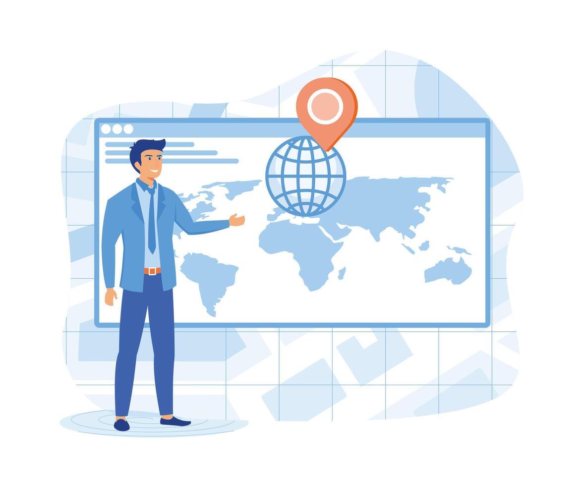 Set Geo location Concept. Tiny Male Searching Route and Looking on Map Online in Web Positioning.  flat vector modern illustration