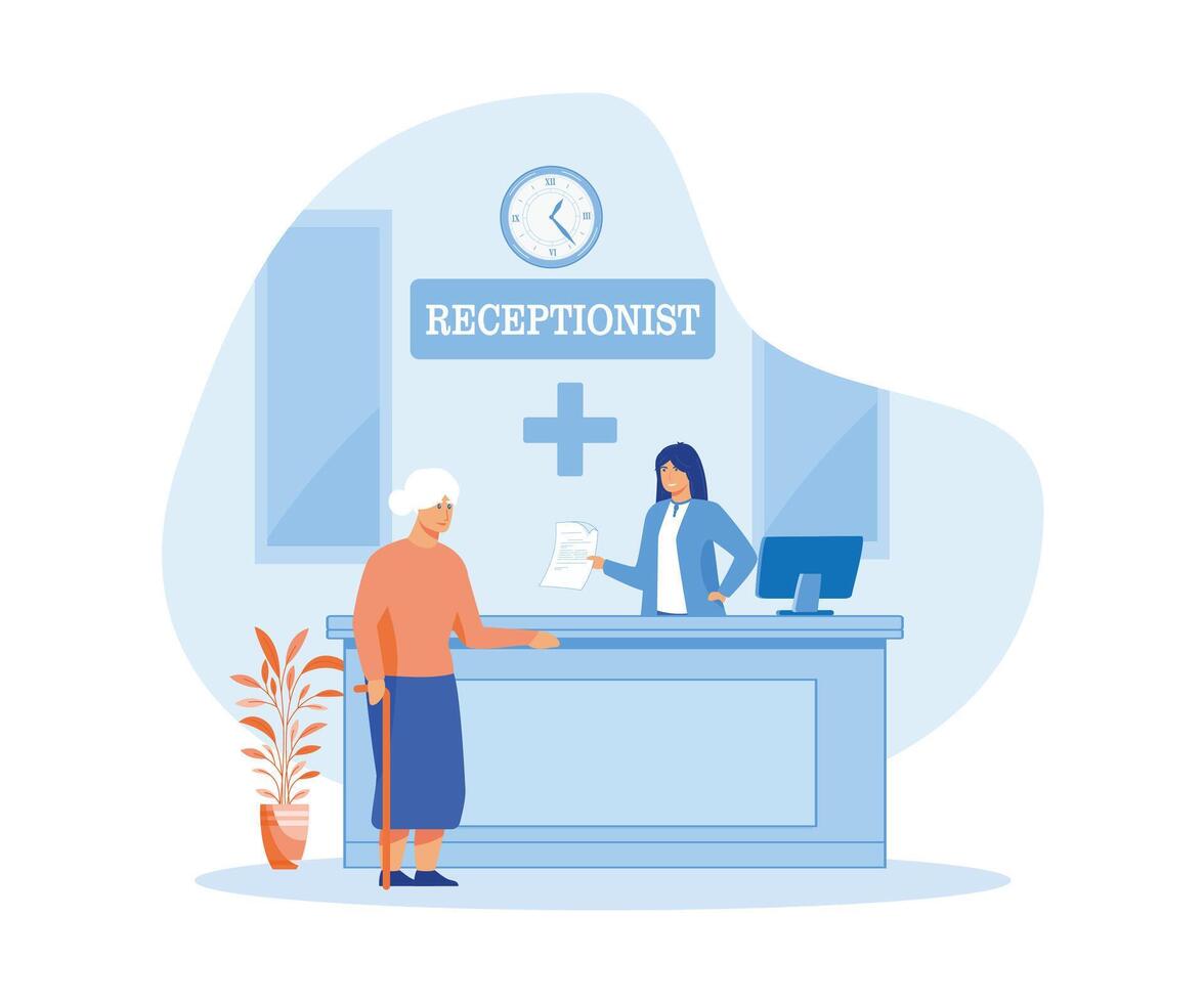Hospital receptionist giving information to elderly woman, checking appointment. flat vector modern illustration