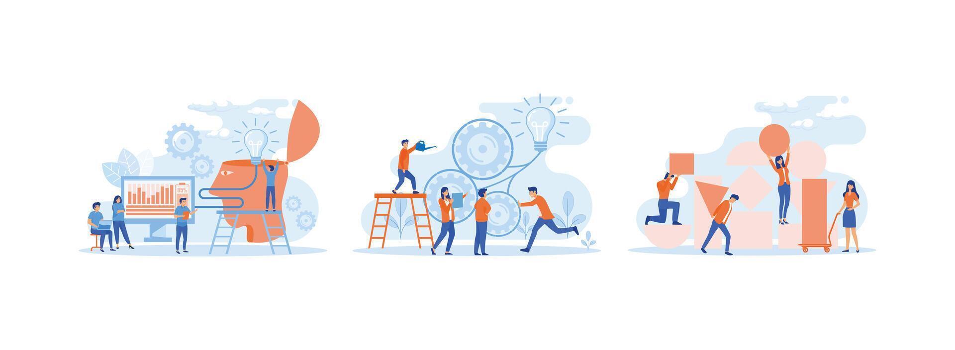 Teamwork on Realization Idea, Teamwork on finding new ideas, little people launch a mechanism, Teamwork Cooperation. Team Work 3 set flat vector modern illustration