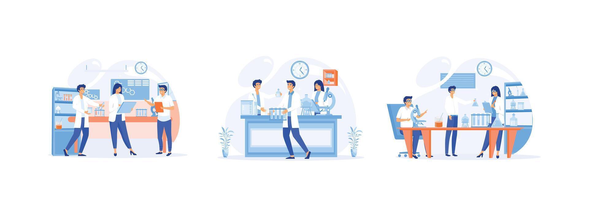 Scientists in lab, Scientist people wearing lab coats, Laboratory interior, equipment and lab glassware. Laboratory set flat vector modern illustration