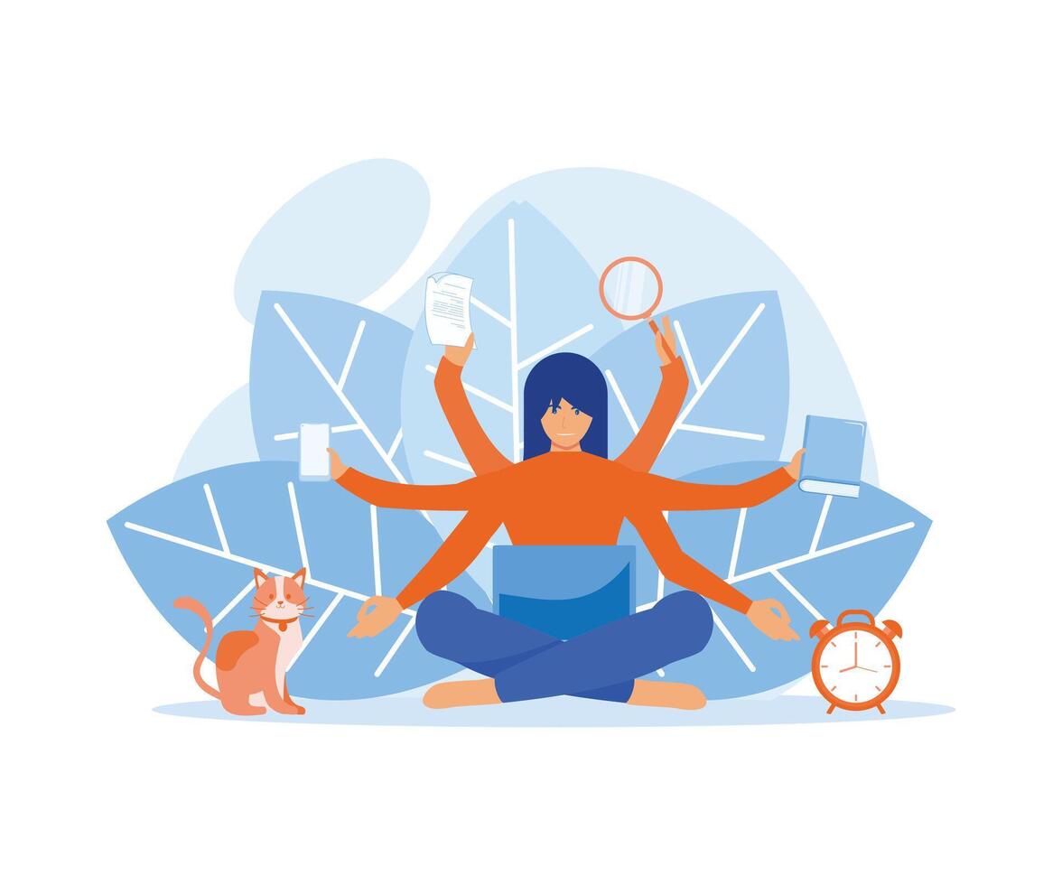 Businesswoman practicing meditation. Girl with many arms sits in the Yoga lotus position and doing many tasks at the same time. flat vector modern illustration