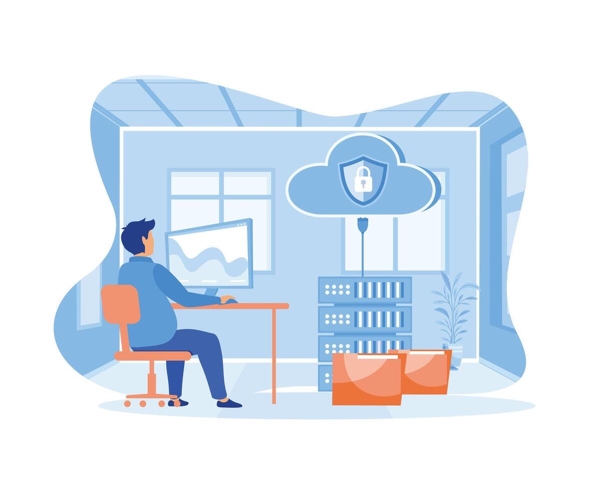 Business technology storage and cloud server service concept with administrator and developer team working concept.  flat vector modern illustration