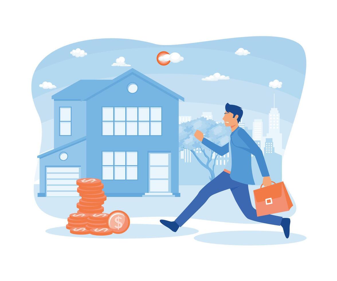 Small Family Buys a House with a Mortgage and Pays Credit to the Bank. vector
