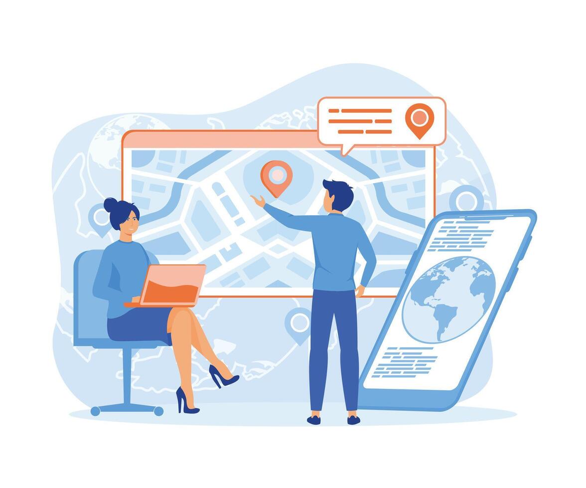 GPS navigation concept in flat style. Man uses GPS navigator scene. Navigate mapping technology, cartography and geolocation system banner. flat vector modern illustration