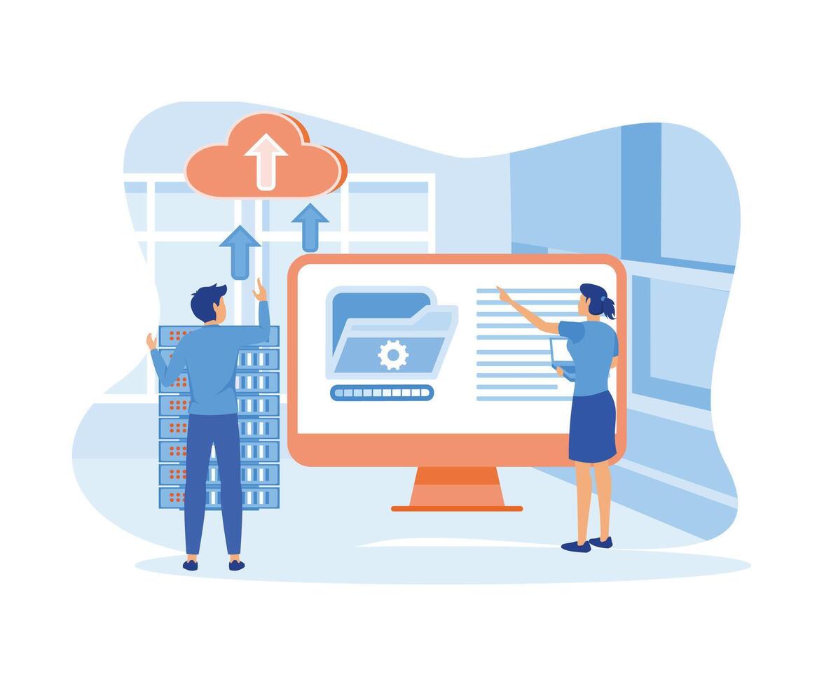 Cloud computing concept. Man and woman analyzing data center on computer screen. flat vector modern illustration