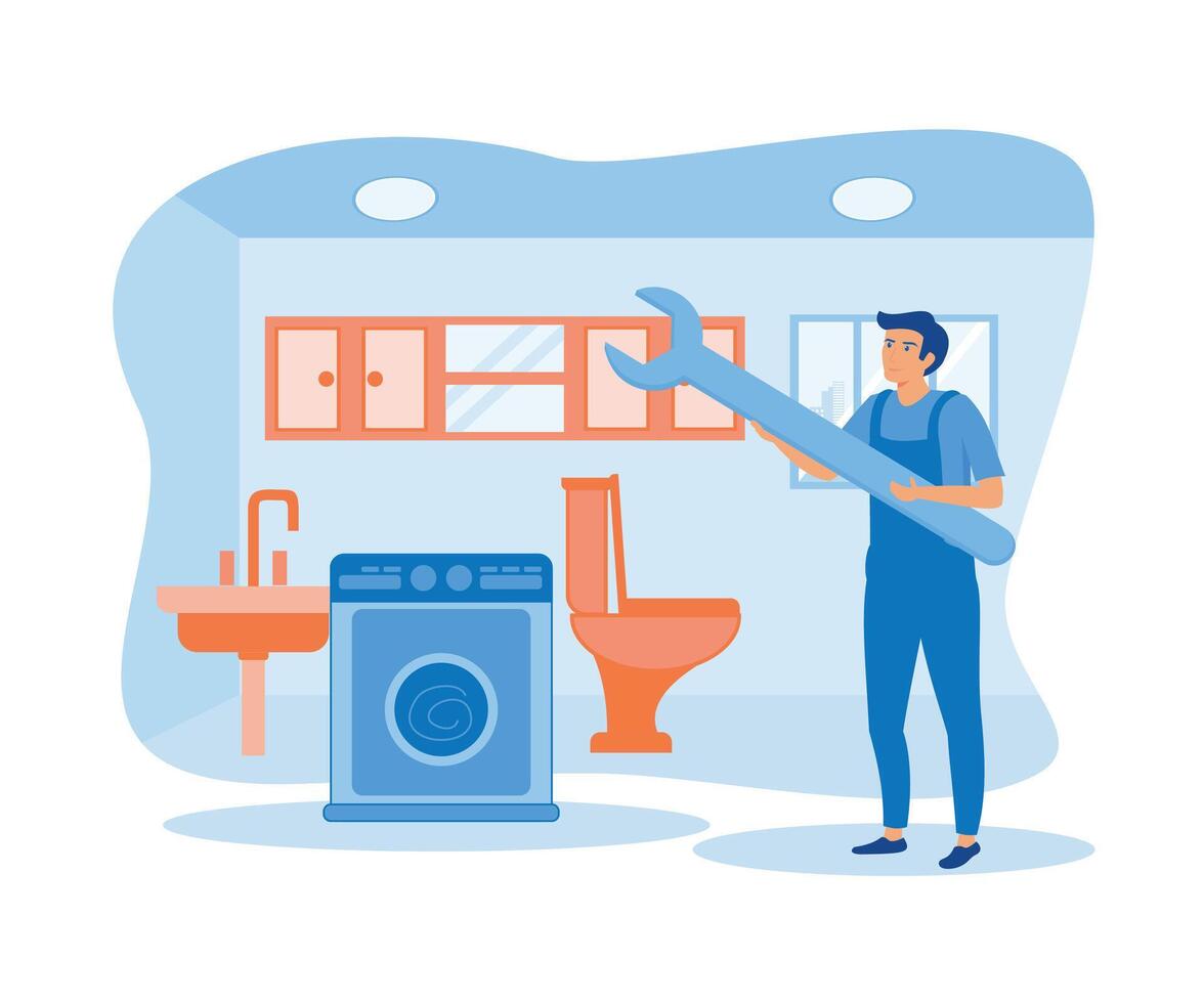 masculino fontanero trabajador con trabajo herramientas reparando baño baños. plano vector moderno ilustración