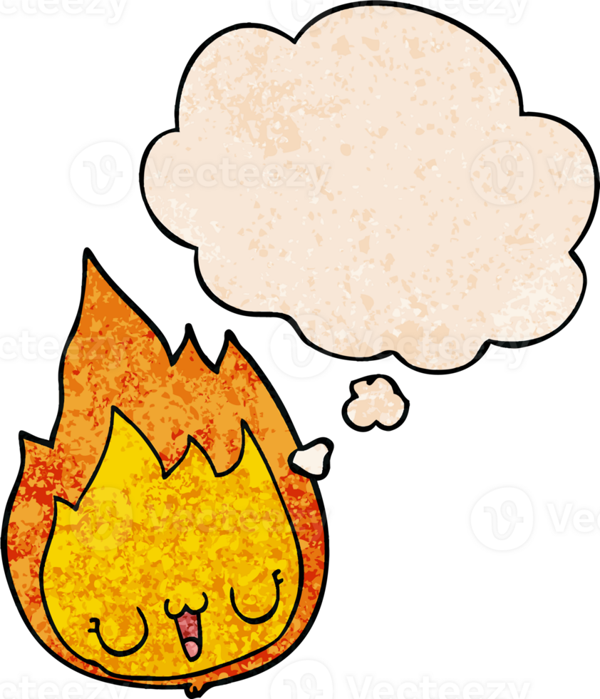 cartoon flame with face and thought bubble in grunge texture pattern style png