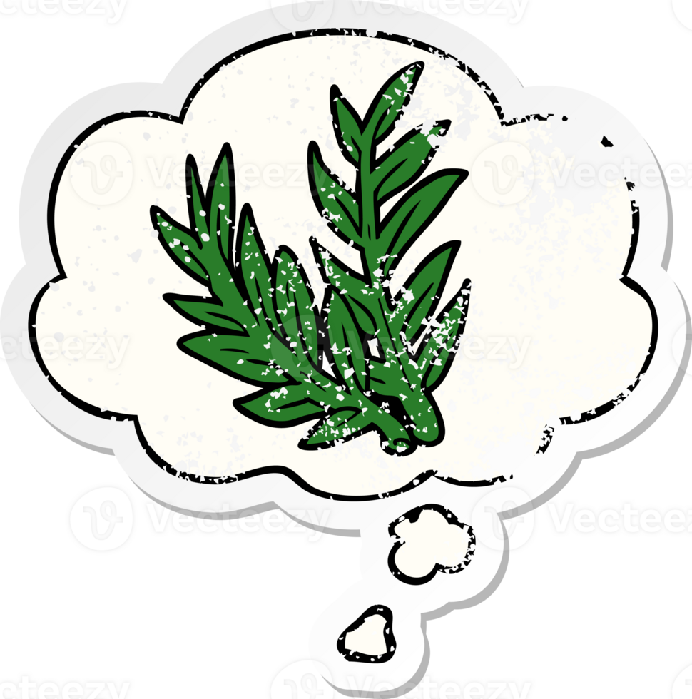 cartoon plant and thought bubble as a distressed worn sticker png