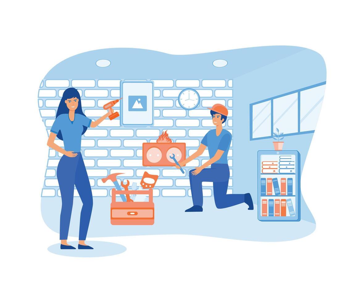 Husband and wife make repairs and change wallpaper. flat vector modern illustration