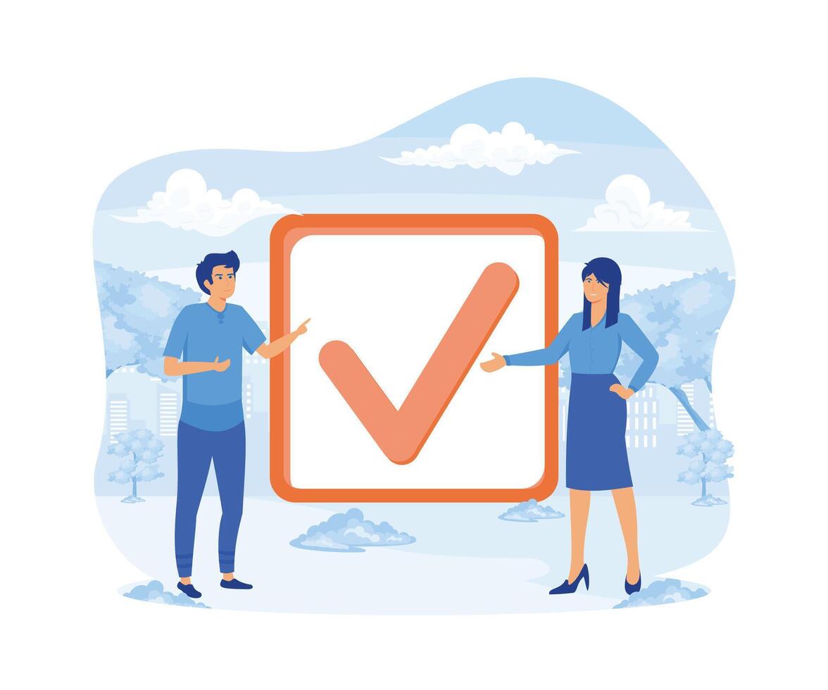 Done job concept. Happy business people celebrate completed check mark after finish responsible project. flat vector modern illustration