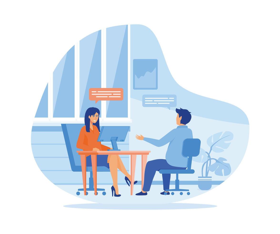 Job interview. Man talking to a young woman with laptop. flat vector modern illustration