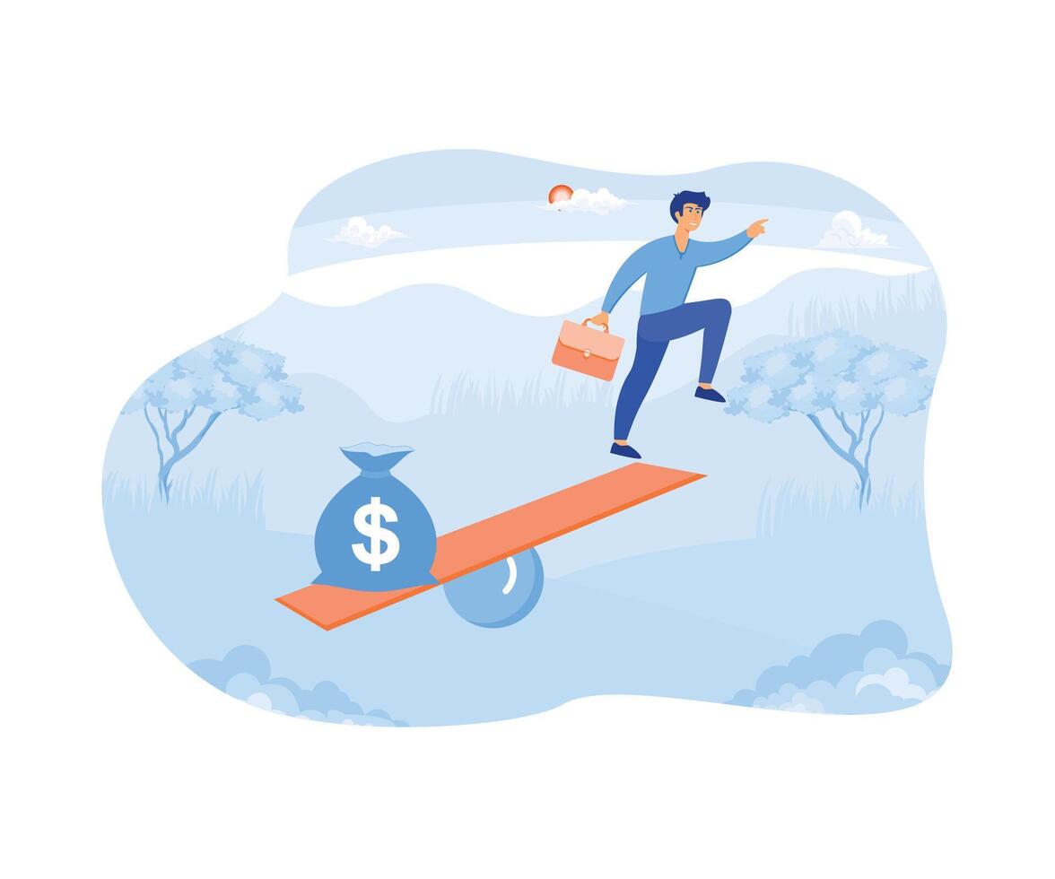 Business start up concept, a flying businessman and a bag full of money. flat vector modern illustration