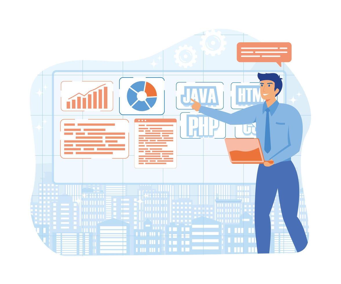 programador, desarrollador, ingeniero con ordenador portátil en pie en oficina participación bolígrafo mientras codificación y desarrollando concepto. plano vector moderno ilustración