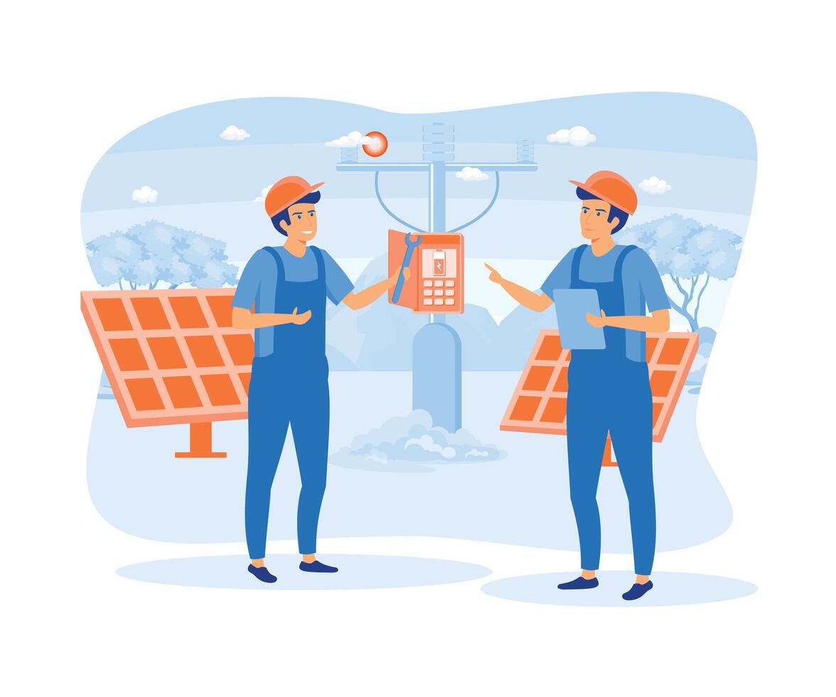 Maintenance of Solar Power Installations, Panels or Wind Turbines with the Home Service Team for Electrical Network Operations. flat vector modern illustration