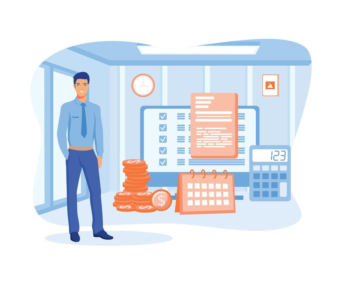 Payroll money reports and work salary balances, annual tax revenues and budget planning processes. vector