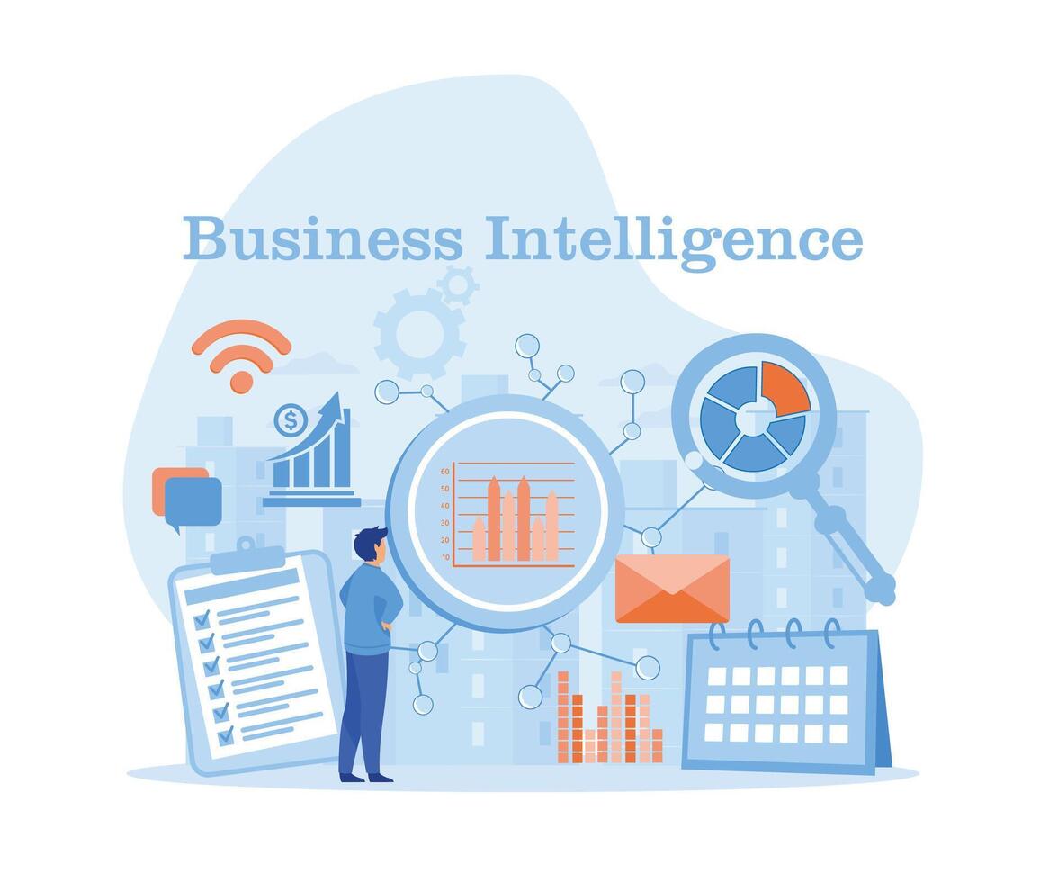 Business intelligence concept as vector background illustration with various symbols.