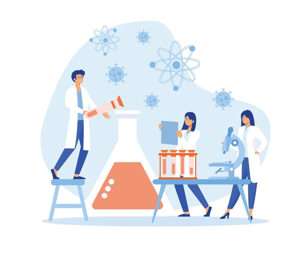 Scientific research. Scientist people wearing lab coats, science researches and chemical laboratory experiments.  flat vector modern illustration