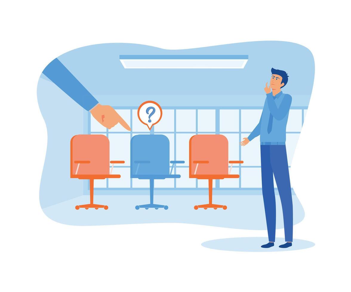 Open vacancy and empty company chair as hiring symbol tiny person concept. Search for new talent and best candidate. flat vector modern illustration