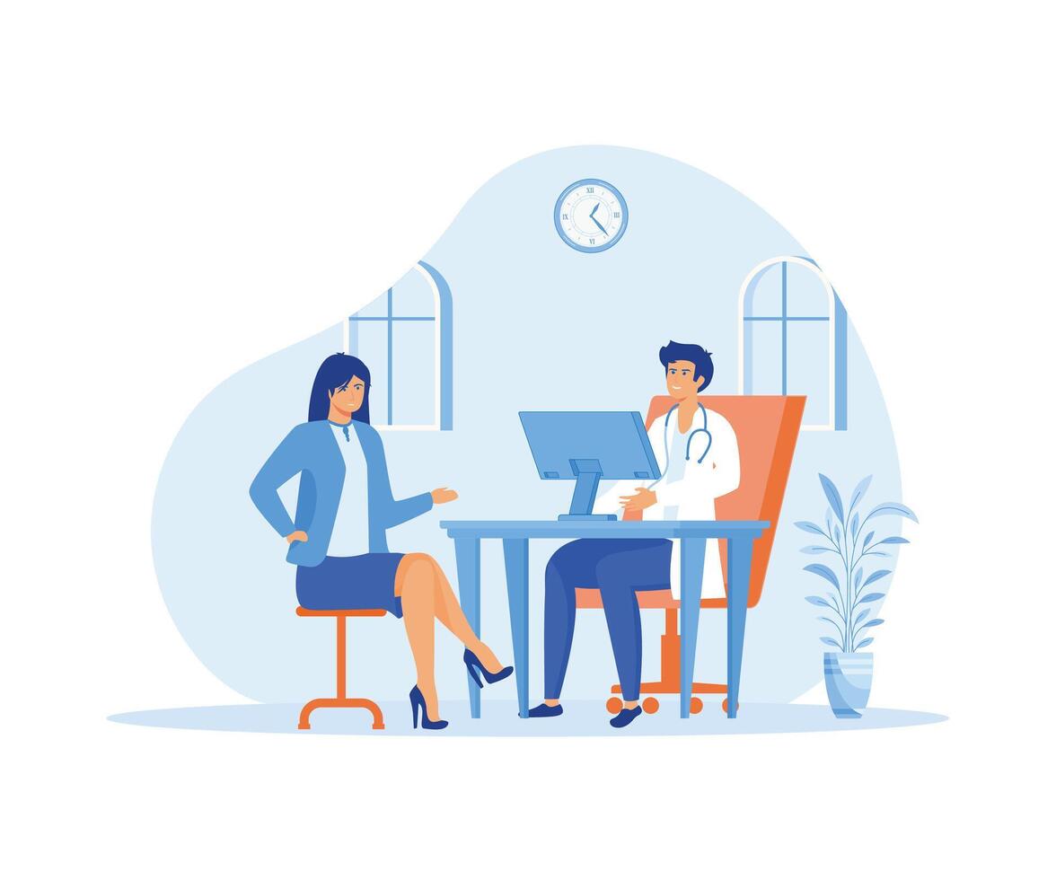 A smiling girl male doctor sitting and talking at the table in the office. Interior of consultation room with doctor and patient. flat vector modern illustration