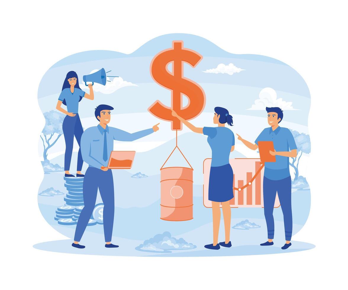 Oil price growth . Woman standing on pile of money coins, gold dollar balloon rising barrel high, Tiny people analysis global increase and management of crude oil cost in stock market. vector