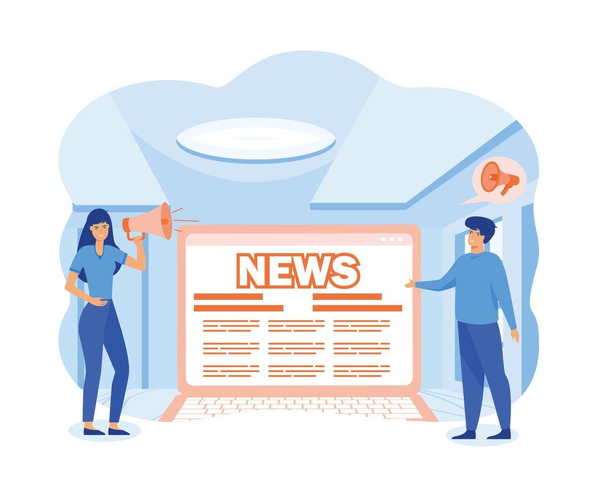 News. Tiny people read breaking news online using laptop. flat vector modern illustration