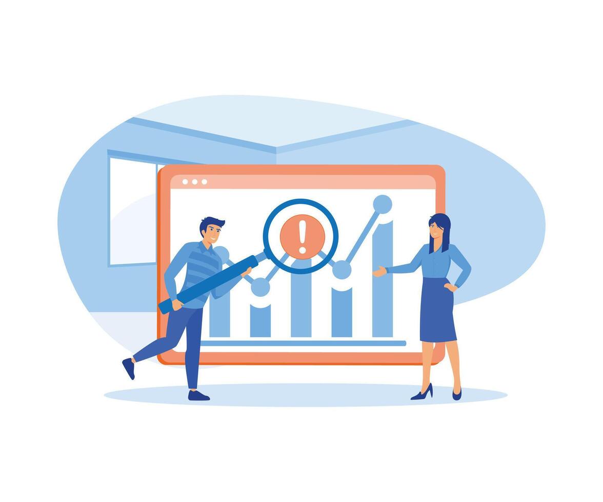 Big Data and Cloud Computing. People using magnifying glass to analyzing large sets of data and recognizing mistakes. flat vector modern illustration