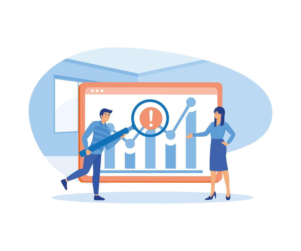 grande datos y nube informática. personas utilizando aumentador vaso a analizando grande conjuntos de datos y reconociendo errores. plano vector moderno ilustración