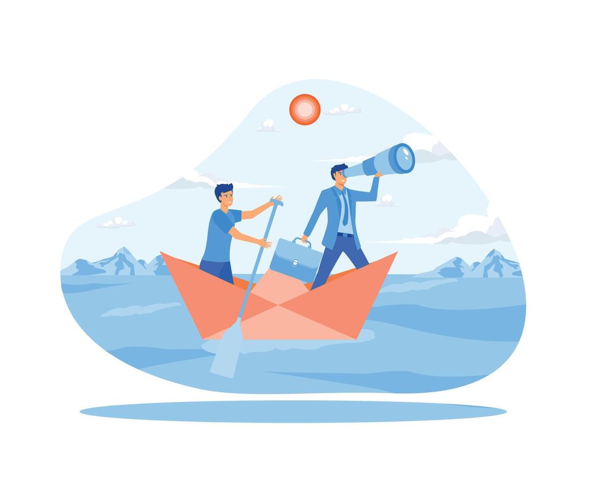 Businessman looking through a telescope by two business people standing with oars floating on a paper boat in the sea. flat vector modern illustration