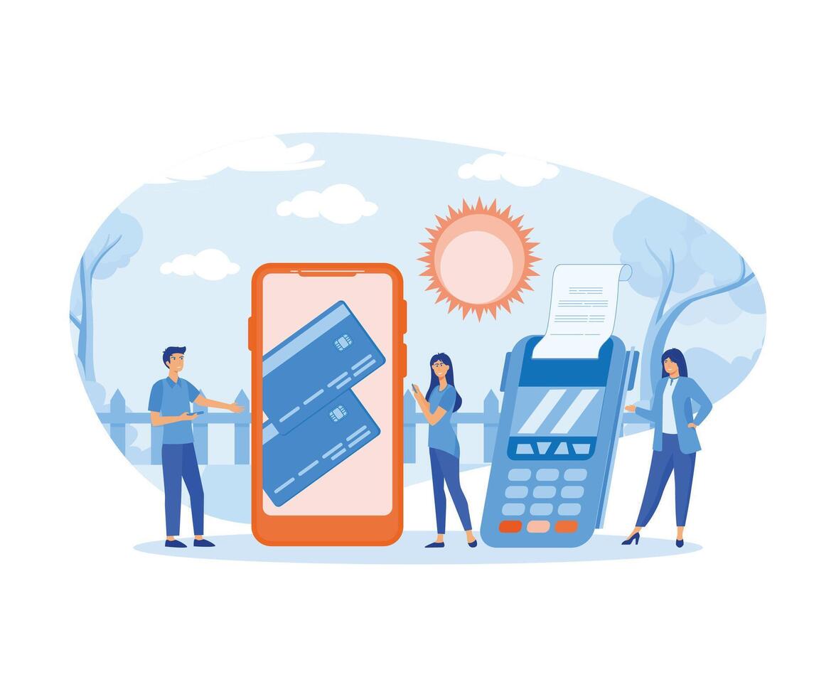 Online Payment concept. People paying taxes and debts on the cell phone apps using card. vector