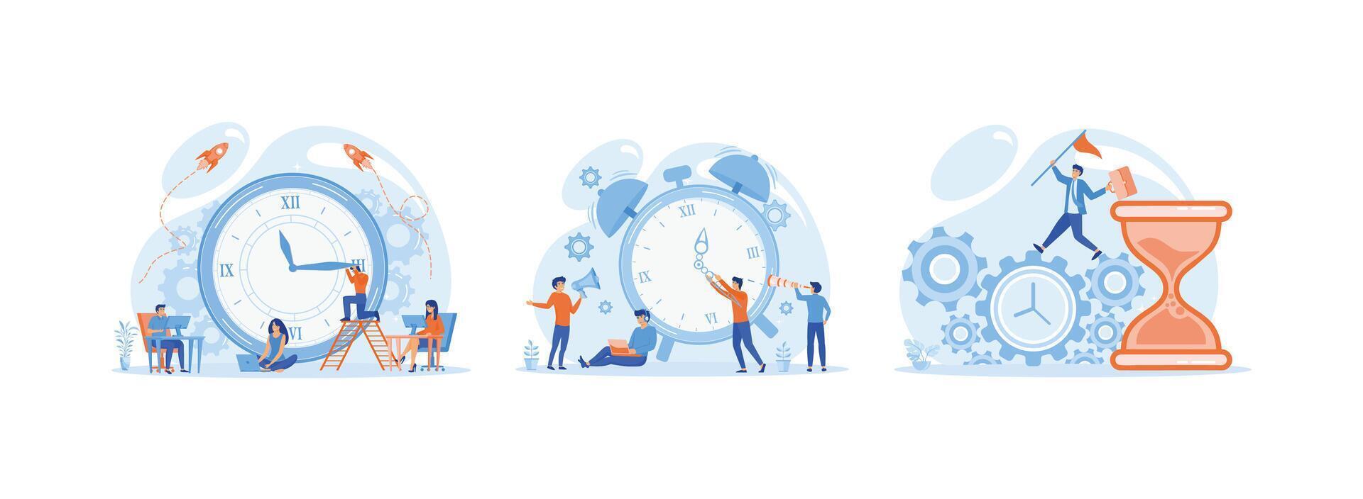 Time management, control, concept of work time management, quick reaction awakening, Businessman run along gear in form of clock. The Management set flat vector modern illustration