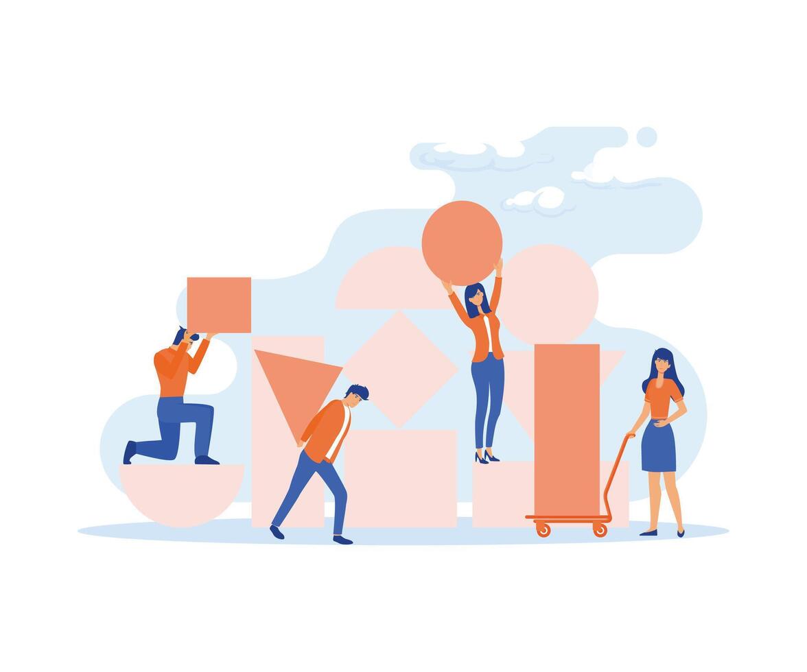 Teamwork Cooperation. Office Employees Group Set Up Huge Separated Abstract Puzzle Pieces Together.  flat vector modern illustration