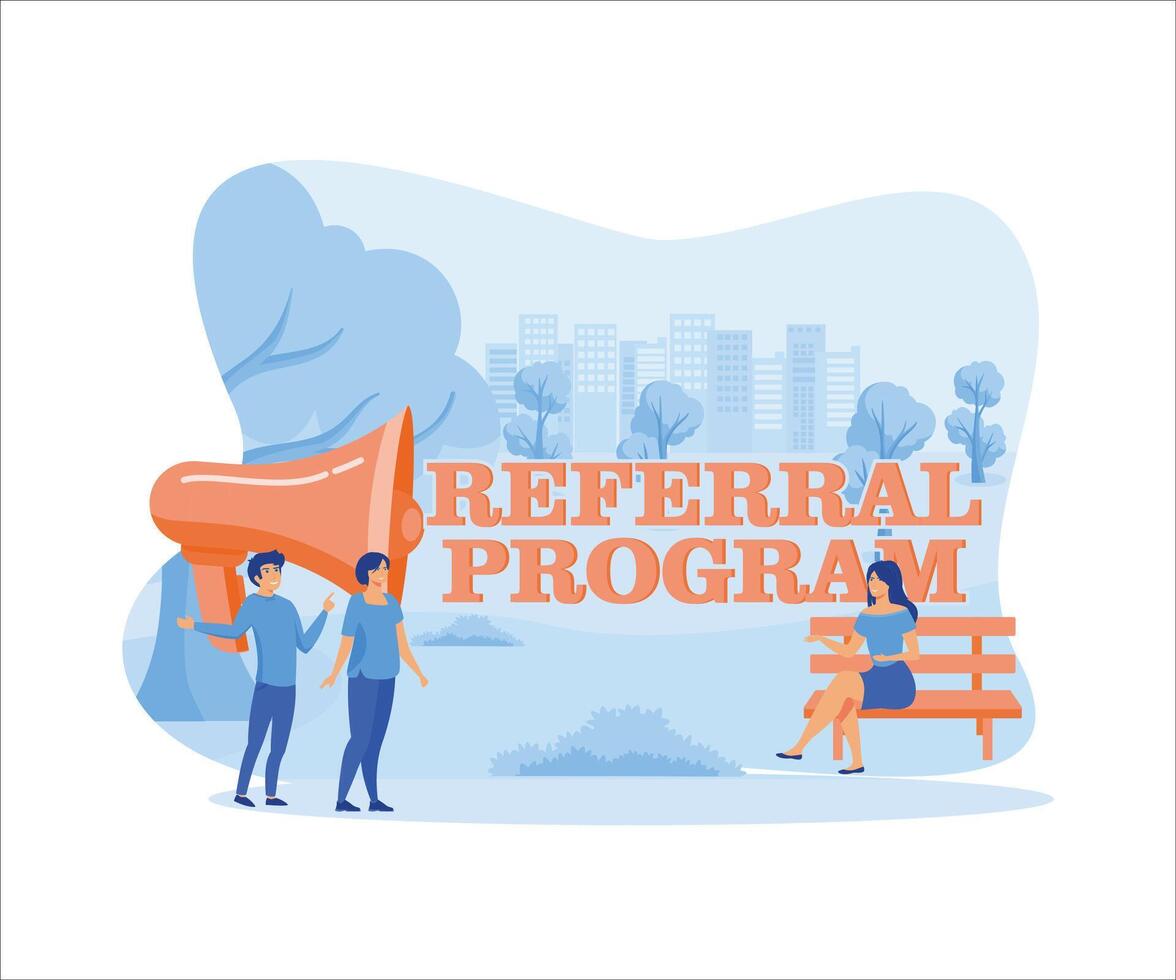 Friend sharing refer. People near megaphone with Referral program word. flat vector modern illustration